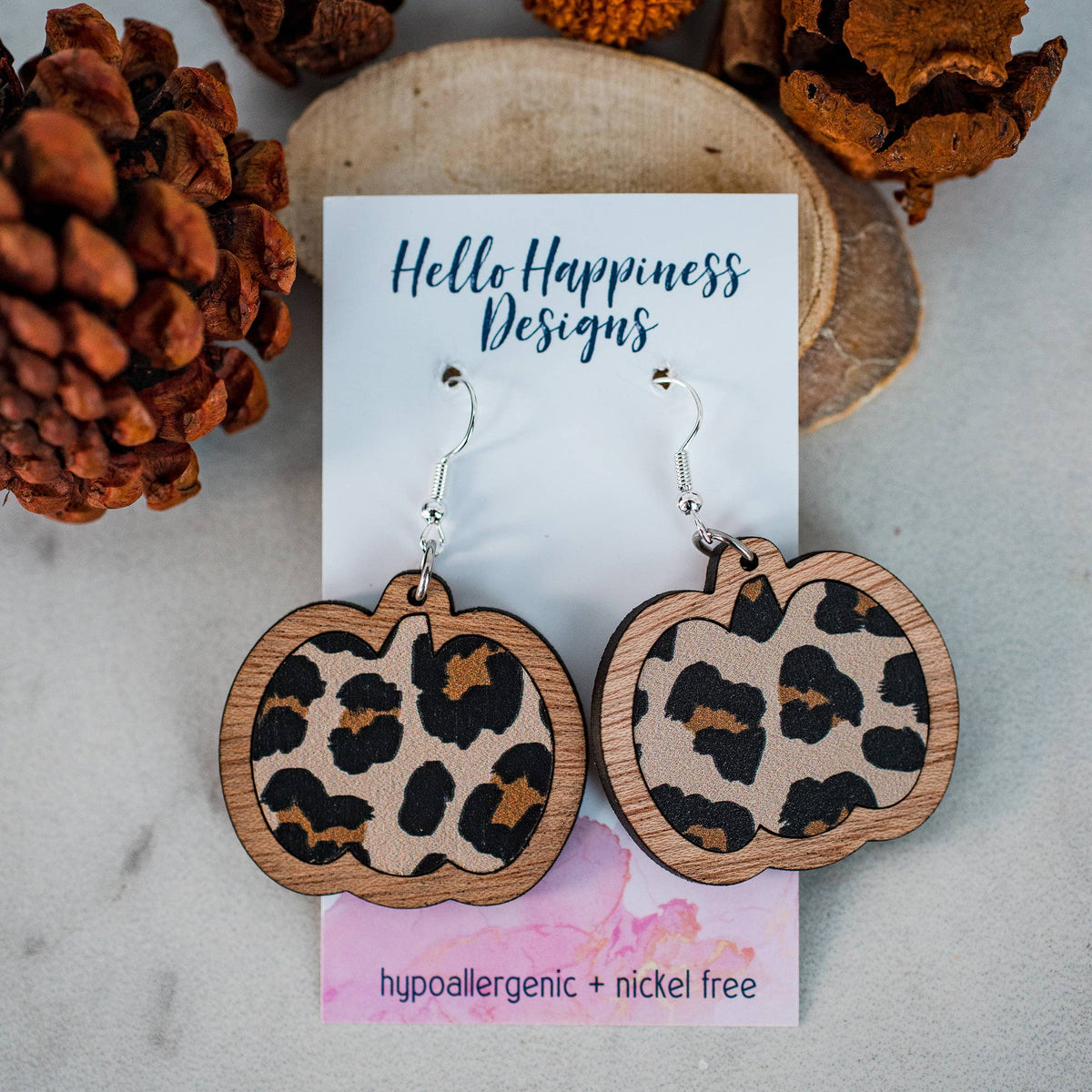 Leopard Pumpkin Inset Dangles - Fall Thanksgiving Earrings