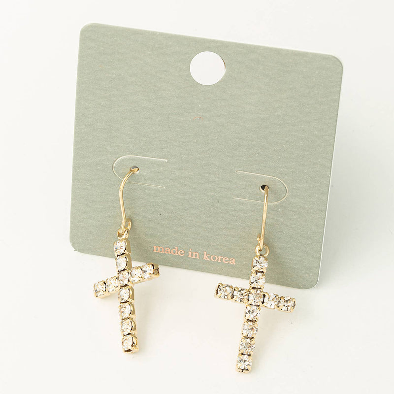 Pave Rhinestone Cross Drop Earrings In Gold
