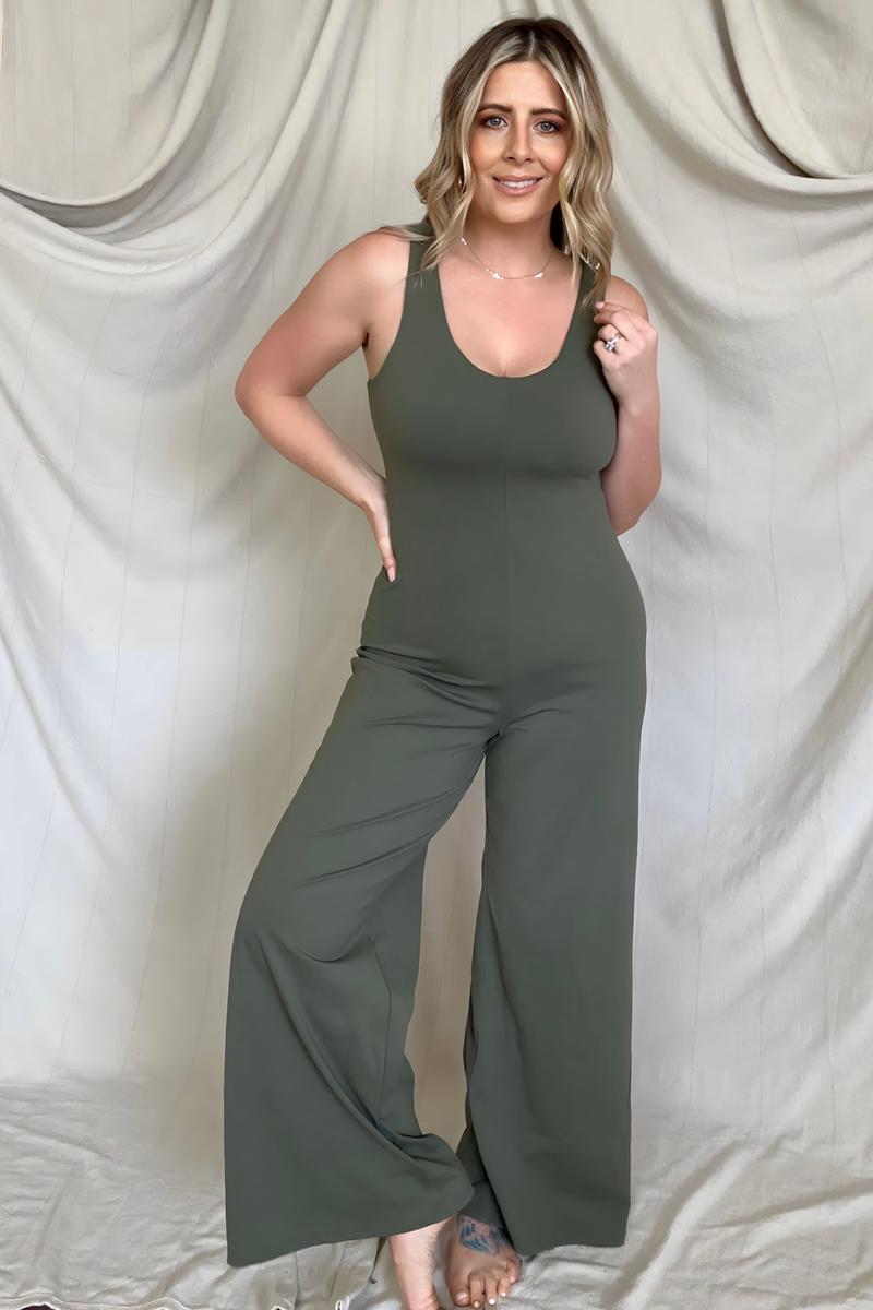 Wide Leg Sleeveless Jumpsuit With Built-In Bra