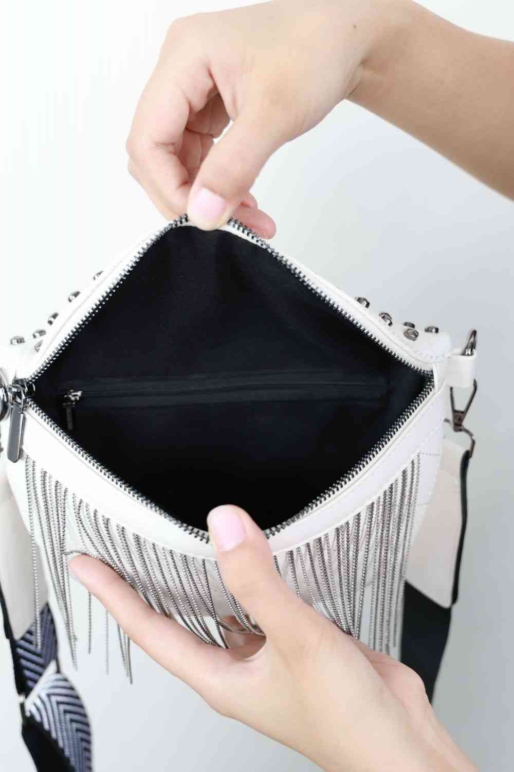 PREORDER: Ria Faux Leather Studded Sling Bag with Fringe