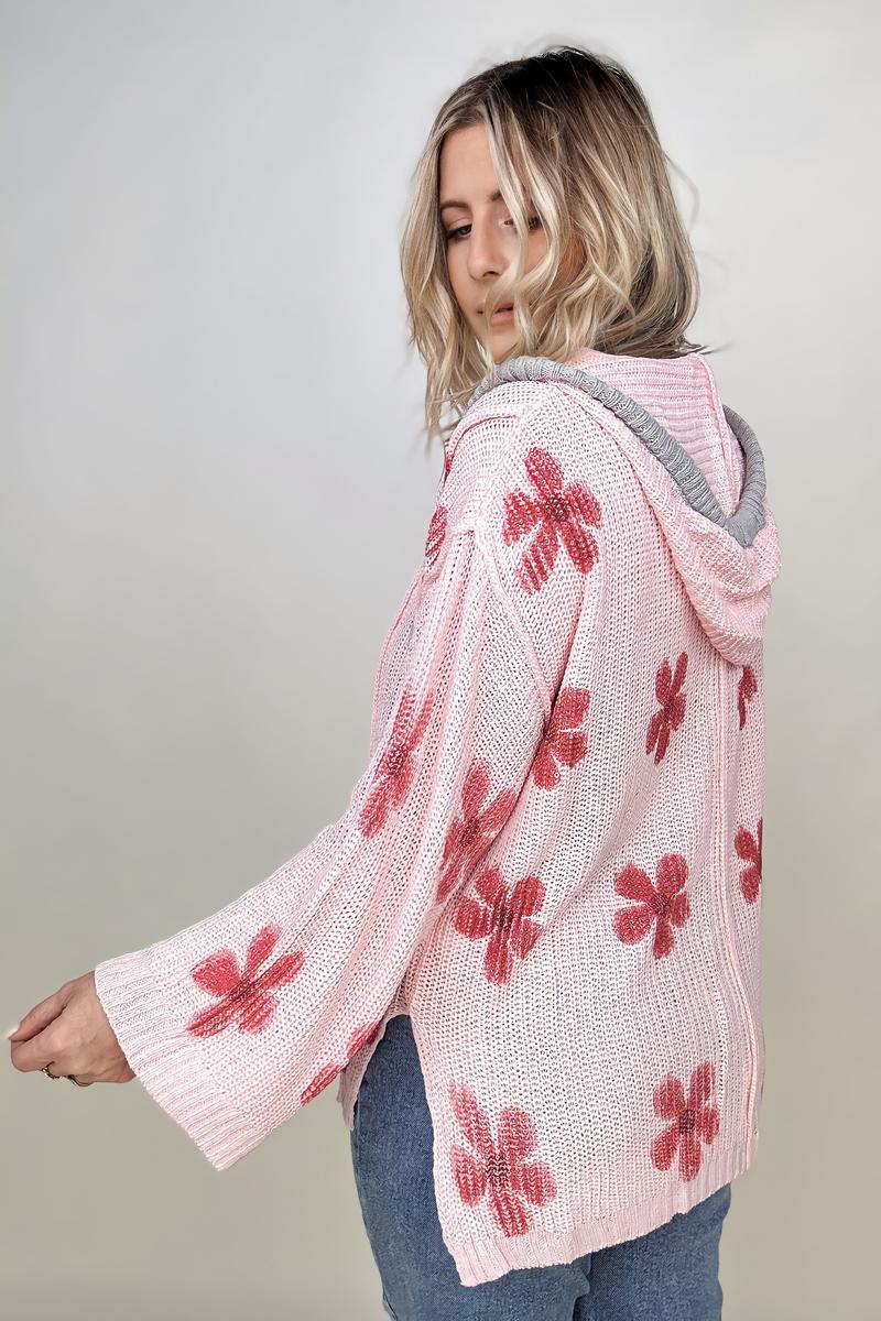 Floral Print Hooded Loose Knit Sweater