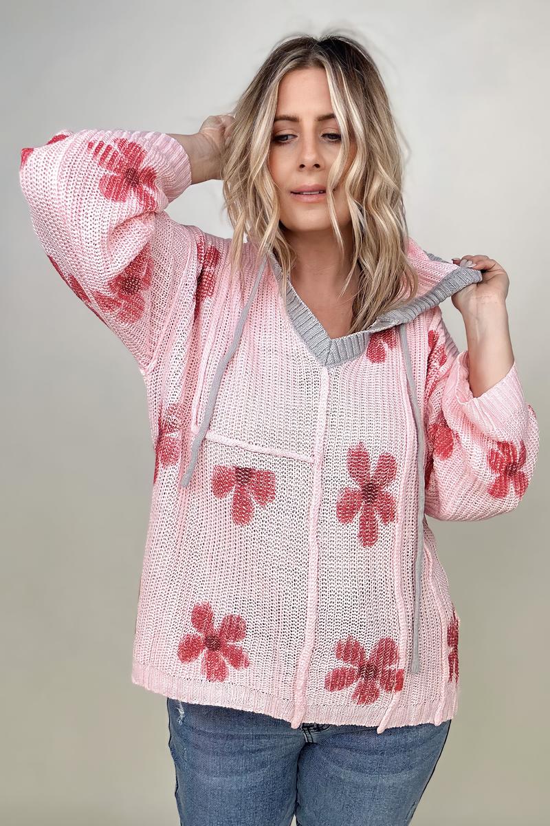 Floral Print Hooded Loose Knit Sweater