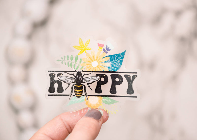Bee Happy Spring Clear, Vinyl Sticker, 3x3 in.