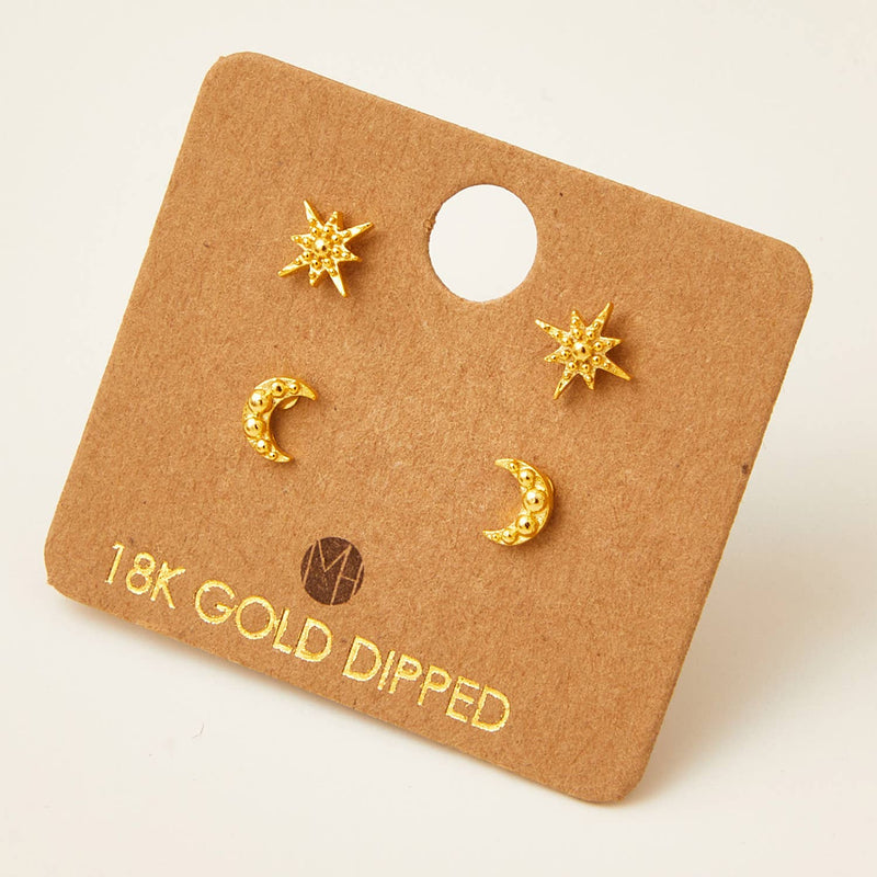 Mini Moon Star Stud Earrings Set In Gold