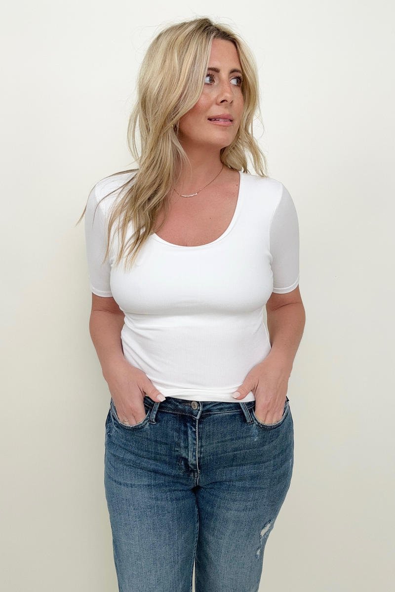 Basic Ribbed Fitted Tee with Built In Bra