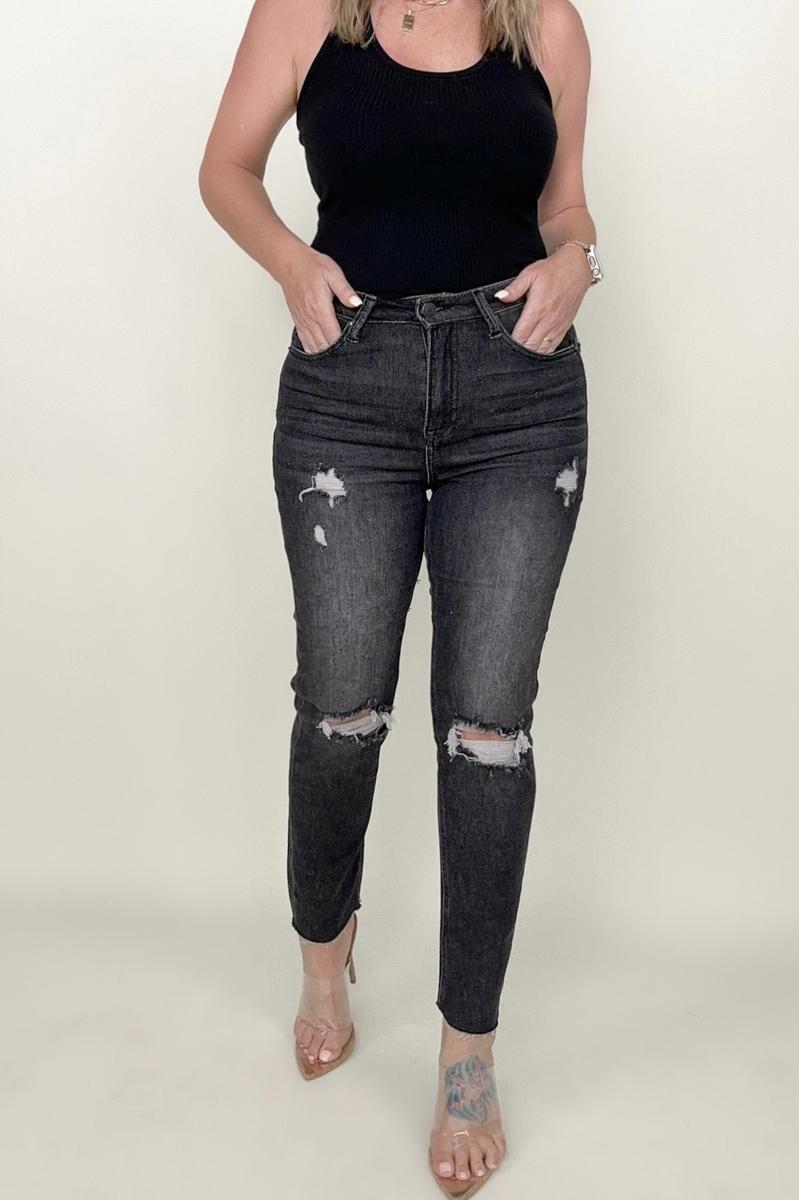 Winona: Risen High Rise Slim Straight Cropped Raw Hem Jeans